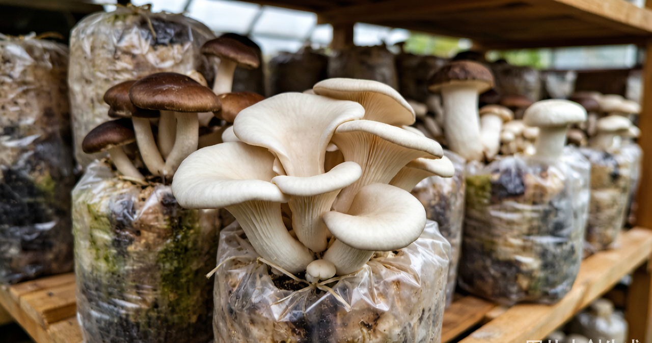 commercial mushroom grow room with oyster shiitake and enoki varieties growing in humidity-controlled environment