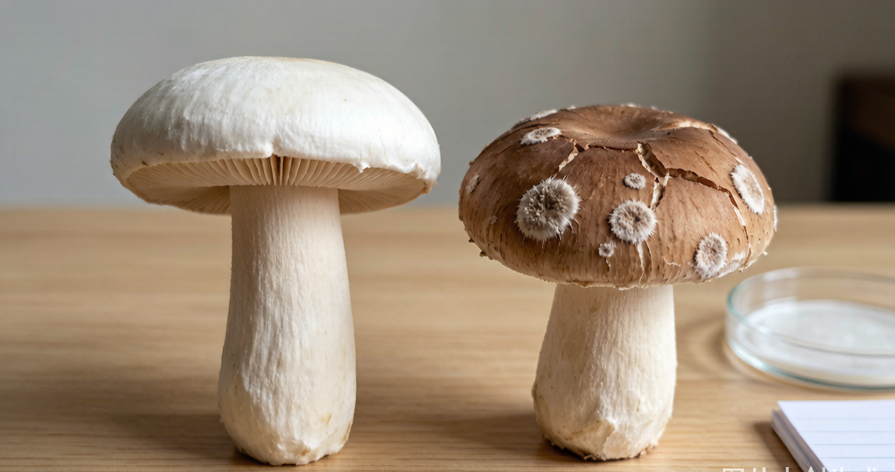 healthy vs diseased mushrooms comparison showing effects of improper humidity control